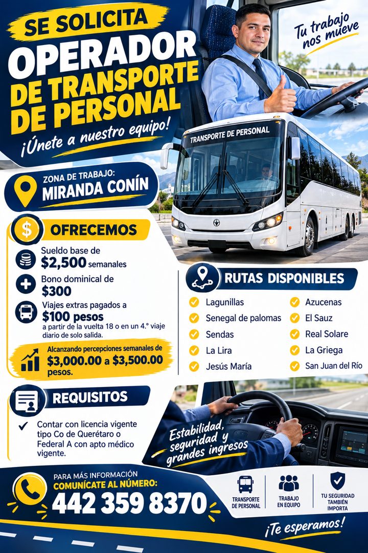 Banner del anuncio de la vacante: SE SOLICITA · OPERADOR · DE TRANSPORTE · DE PERSONAL · ¡Únete a nuestro equipo! · ZONA DE TRABAJO: · MIRANDA CONÍN · Tu trabajo · nos mueve 