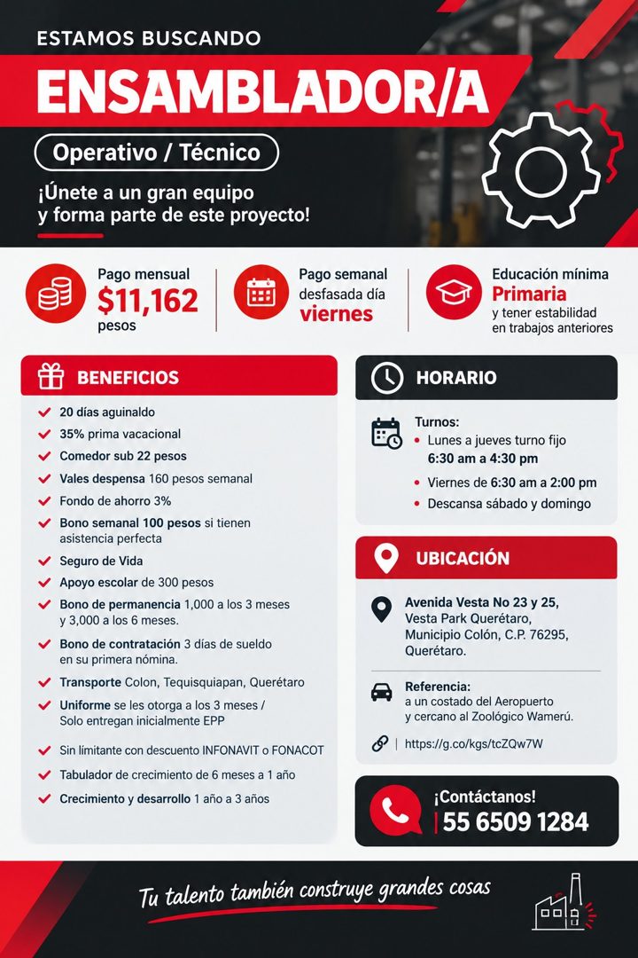 Banner del anuncio de la vacante: ESTAMOS BUSCANDO · ENSAMBLADOR/A · Operativo / Técnico · ¡Únete a un gran equipo · y forma parte de este proyecto! · Pago mensual · $11,162 
