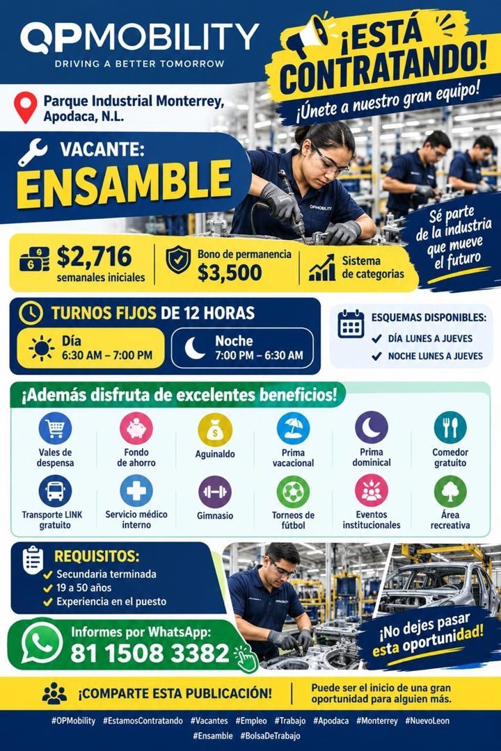 Banner del anuncio de la vacante: @PMOBILITY · DRIVING A BETTER TOMORROW · Parque Industrial Monterrey, · Apodaca, N.L. · ¡ESTÁ · CONTRATANDO! · ¡Únete a nuestro gran equipo!