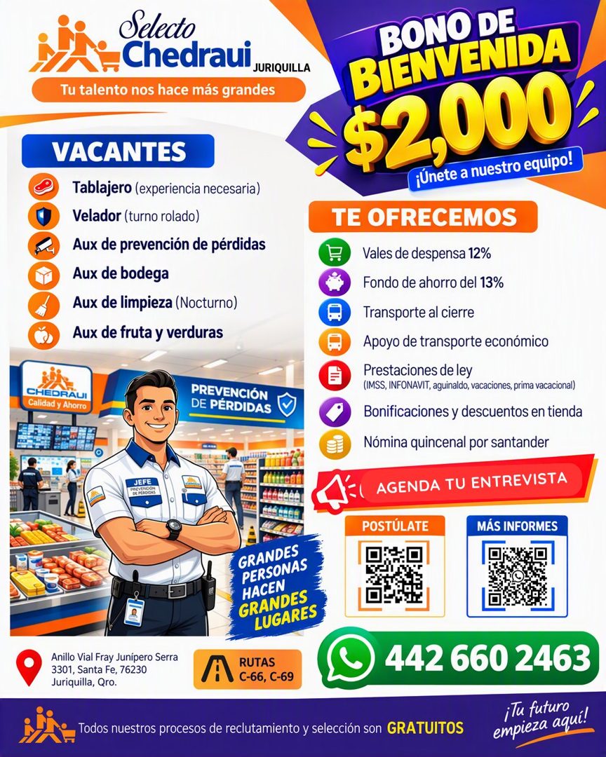 Banner del anuncio de la vacante: Selecto · _Chedraui · JURIQUILLA · Tu talento nos hace más grandes · VACANTES · Tablajero (experiencia necesaria) · Velador (turno rolado) ·