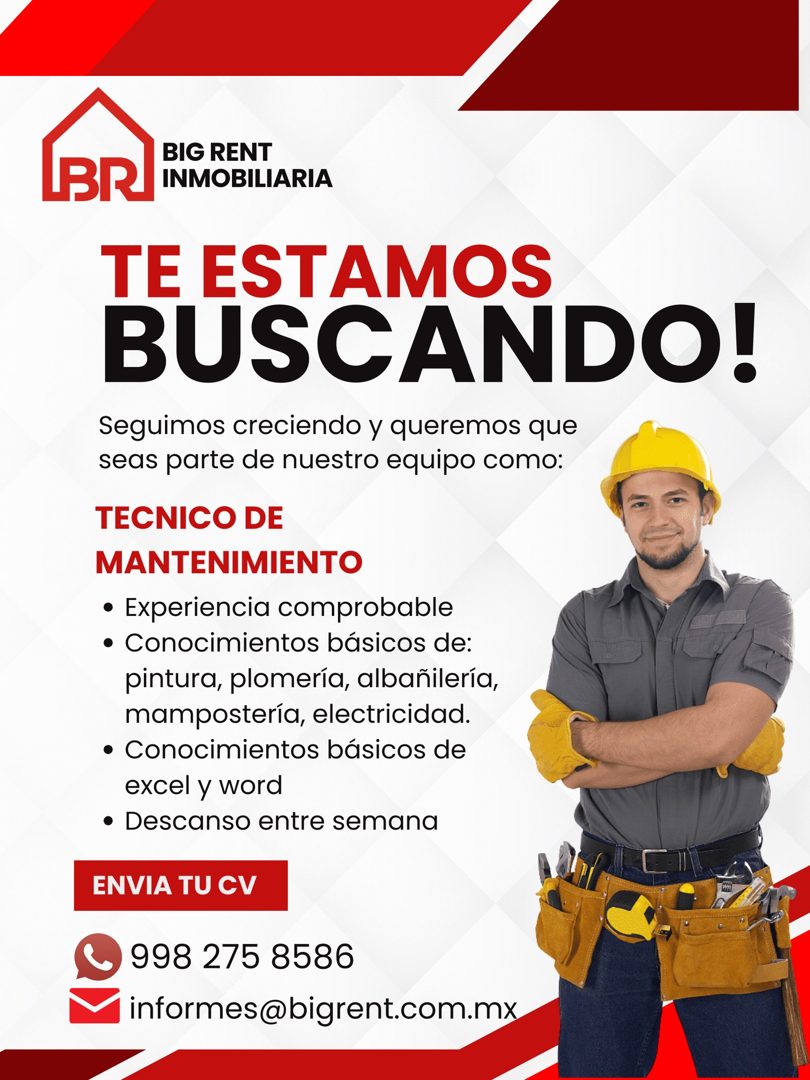 Banner del anuncio de la vacante: BR · BIG RENT · INMOBILIARIA · TE ESTAMOS · BUSCANDO! · Seguimos creciendo y queremos que · seas parte de nuestro equipo como: · TECNICO DE 