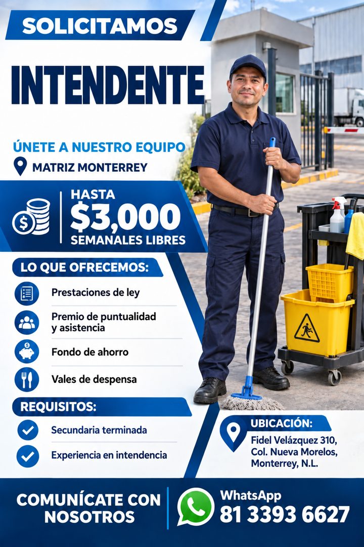 Banner del anuncio de la vacante: SOLICITAMOS · 7/ · INTENDENTE · ÚNETE A NUESTRO EQUIPO · MATRIZ MONTERREY · HASTA · $3,000 · SEMANALES LIBRES · LO QUE OFRECEMOS: · Prestaci
