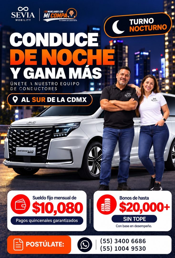 Banner del anuncio de la vacante: SEVIA · MOBILITY · MANEJANDO CON · MI COMPA · TU COMPA EN CADA RUTA · CONDUCE · DE NOCHE · Y GANA MÁS · ÚNETE A NUESTRO EQUIPO · DE CONDUCTO