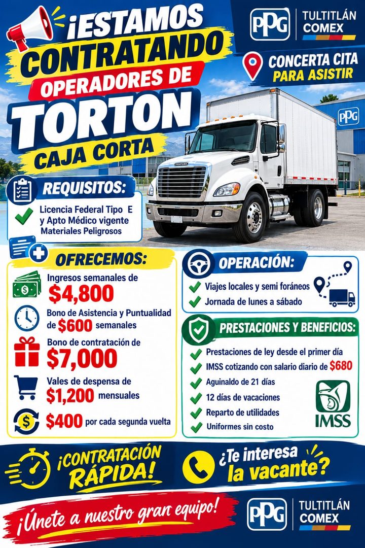 Banner del anuncio de la vacante: FiESTAMOS · CONTRATANDO · OPERADORES DE · TORTON · CAJA CORTA · REQUISITOS: · Licencia Federal Tipo E · y Apto Médico vigente · Materiales P