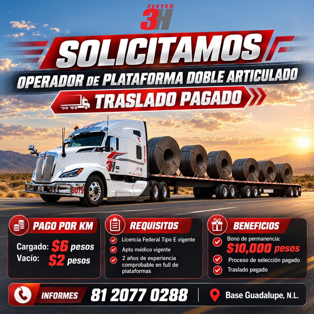 Banner del anuncio de la vacante: FLETES · 3H · SOLICITAMOS F · OPERADOR DE PLATAFORMA DOBLE ARTICULADO · Ca TRASLADO PAGADO · 9079 · PAGO POR KM · Cargado: S6 pesos · Vacío: