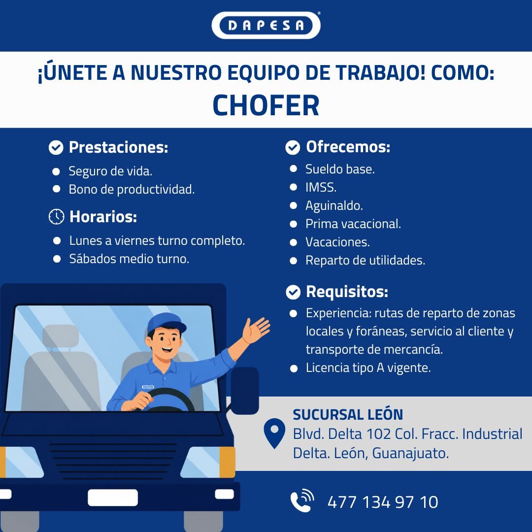 Banner del anuncio de la vacante: DAPESO · ¡ÚNETE A NUESTRO EQUIPO DE TRABAJO! COMO: · CHOFER · • Prestaciones: · • Seguro de vida. · • Bono de productividad. · U Horarios: ·
