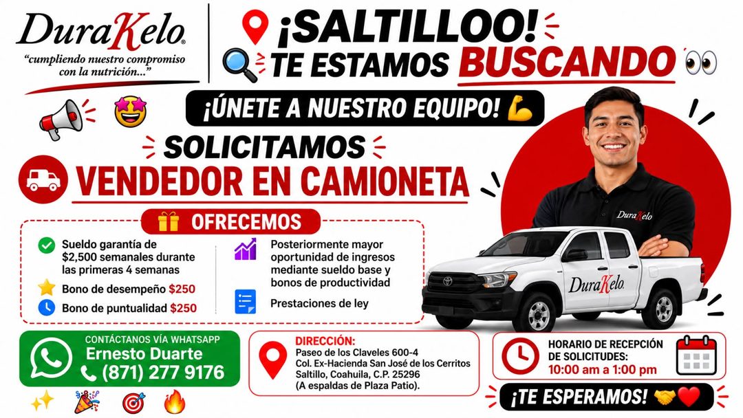 Banner del anuncio de la vacante: DuraKelo. · "cumpliendo nuestro compromiso · con la nutrición... · • · ¡SALTILLOO! · TE ESTAMOS BUSCANDO · ¡ÚNETE A NUESTRO EQUIPO! L · ÷ SO