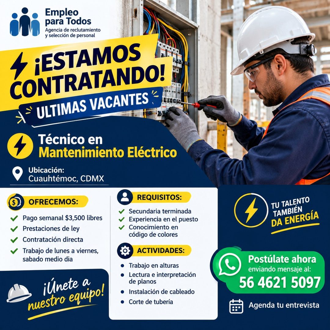 Banner del anuncio de la vacante: Empleo · para Todos · Agencia de reclutamiento · y selección de personal · 4 ¡ESTAMOS · CONTRATANDO! · = ULTIMAS VACANTES - · PRECIS · 4 · T