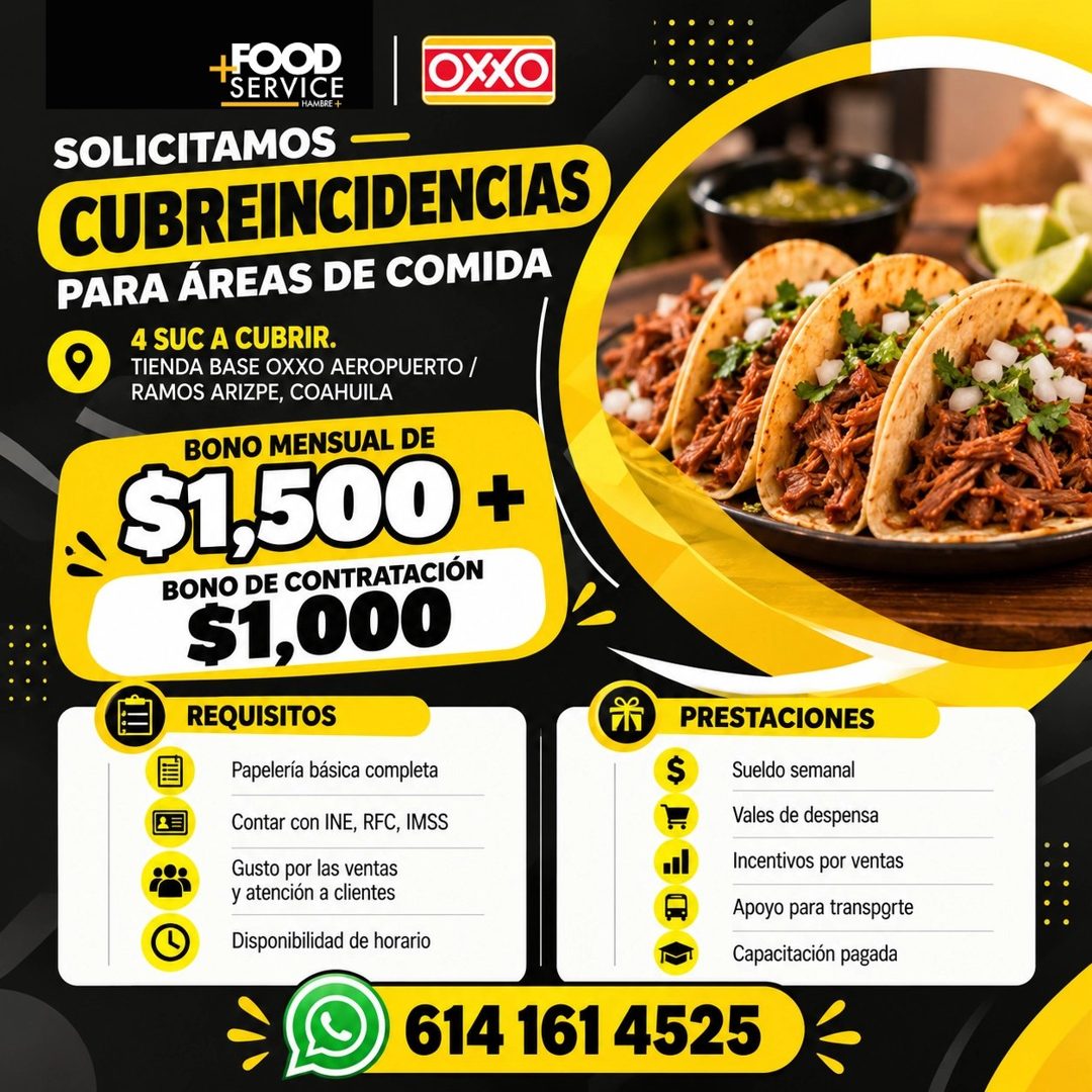 Banner del anuncio de la vacante: +OOD · SERVICE · OXXO · HAMBRE + · SOLICITAMOS - · CUBREINCIDENCIAS · PARA ÁREAS DE COMIDA · 4 SUC A CUBRIR. · TIENDA BASE OXXO AEROPUERTO /