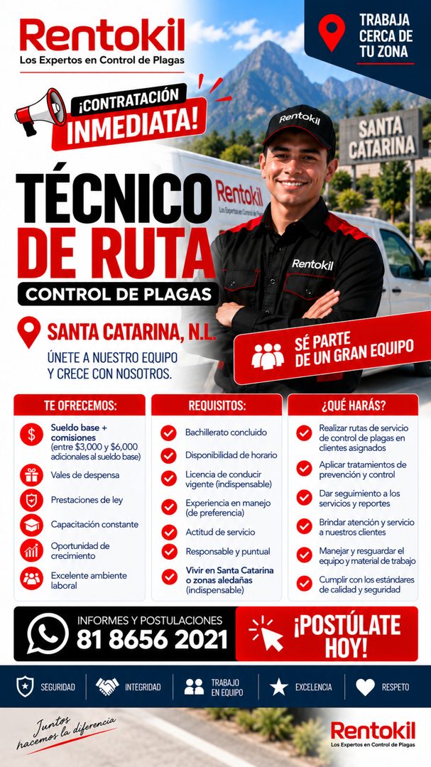 Banner del anuncio de la vacante: Rentokil · Los Expertos en Control de Plagas · INMEDIATA! · ¡CONTRATACIÓN · TÉCNICO Peto · DE RUTA · CONTROL DE PLAGAS · SANTA CATARINA, N.L