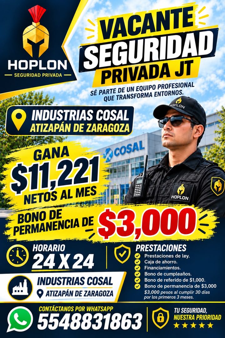Banner del anuncio de la vacante: HOPLON · — SEGURIDAD PRIVADA - · VACANTE · SEGURIDAD · PRIVADA JT · SÉ PARTE DE UN EQUIPO PROFESIONAL · QUE TRANSFORMA ENTORNOS. · NOPLON · 