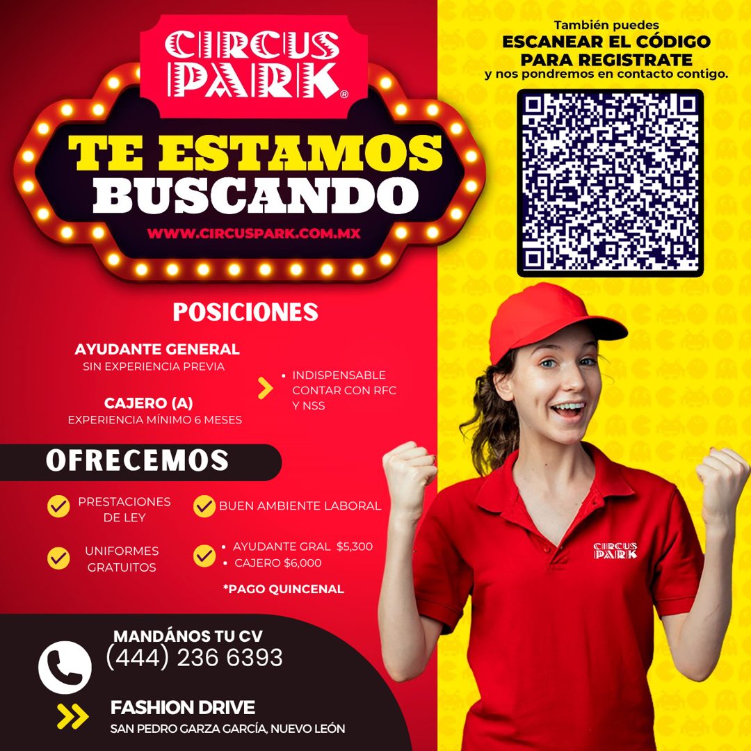 Banner del anuncio de la vacante: CIRCUS · PAIRIK. · TE ESTAMOS · BUSCANDO · WWW.CIRCUSPARK.COM.MX · También puedes · ESCANEAR EL CÓDIGO · PARA REGISTRATE · y nos pondremos e