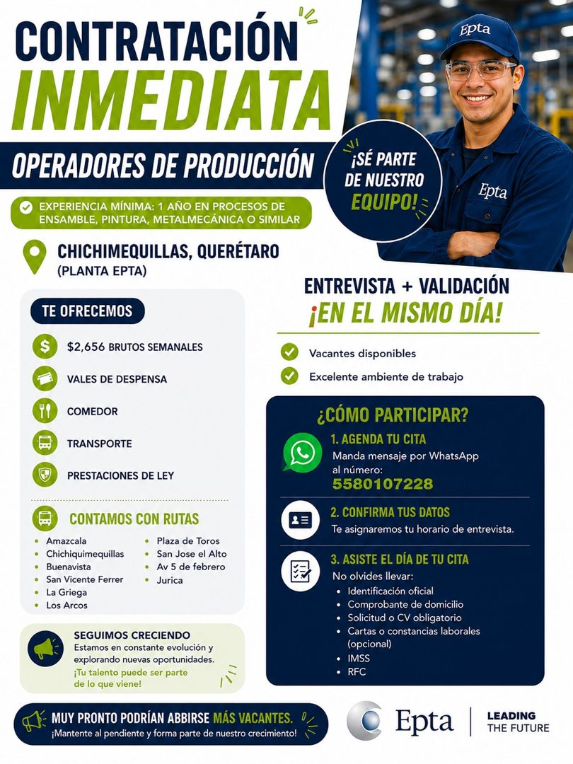 Banner del anuncio de la vacante: CONTRATACIÓN' · INMEDIATA · OPERADORES DE PRODUCCIÓN · EXPERIENCIA MÍNIMA: 1 AÑO EN PROCESOS DE · ENSAMBLE, PINTURA, METALMECÁNICA O SIMILAR