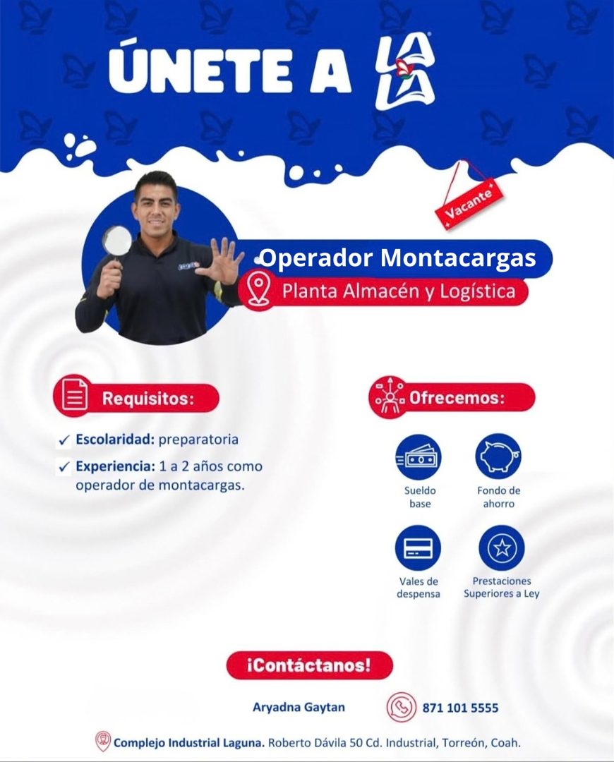 Banner del anuncio de la vacante: ÚNETE A A · Vacante · Operador Montacargas · Planta Almacén y Logística · Requisitos: · v Escolaridad: preparatoria · v Experiencia: 1 a 2 a