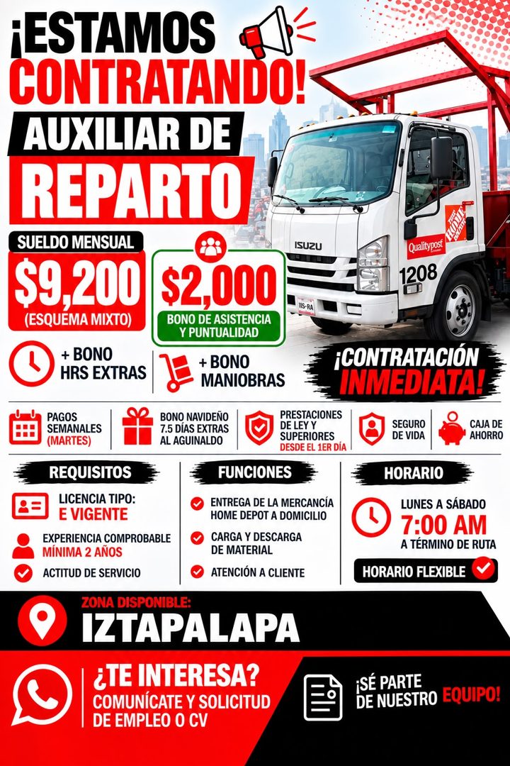 Banner del anuncio de la vacante: ¡ESTAMOS · CONTRATANDO! · AUXILIAR DE · REPARTO · SUELDO MENSUAL · ISUZU · $9,200 · (ESQUEMA MIXTO) · $2,000 · BONO DE ASISTENCIA · Y PUNTUA