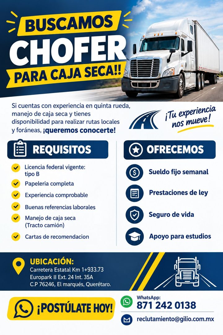 Banner del anuncio de la vacante: ≥ BUSCAMOS · CHOFER · •PARA CAJA SECA!! · Si cuentas con experiencia en quinta rueda, · manejo de caja seca y tienes · disponibilidad para r