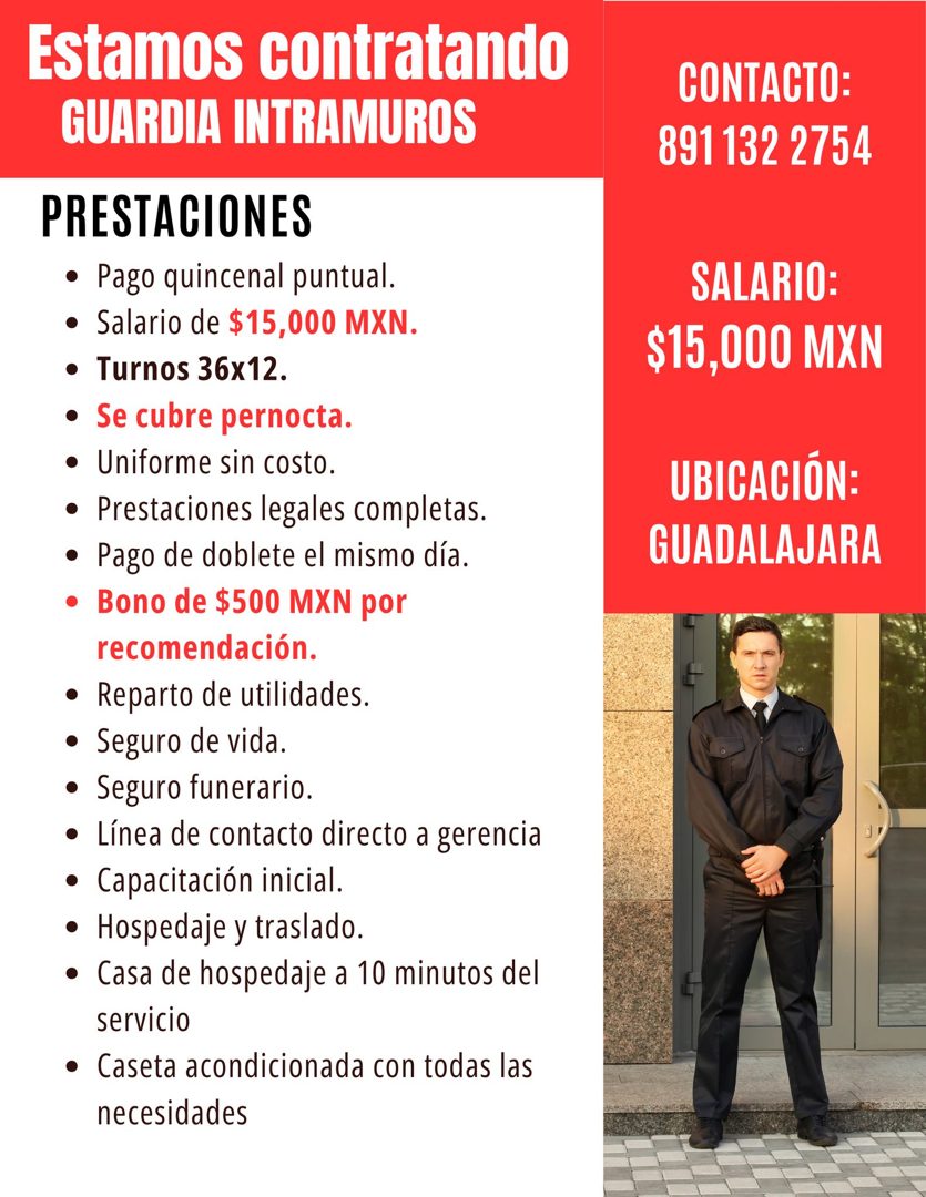 Banner del anuncio de la vacante: Estamos contratando · GUARDIA INTRAMUROS · PRESTACIONES · • Pago quincenal puntual. · • Salario de $15,000 MXN. · • Turnos 36x12. · • Se cub