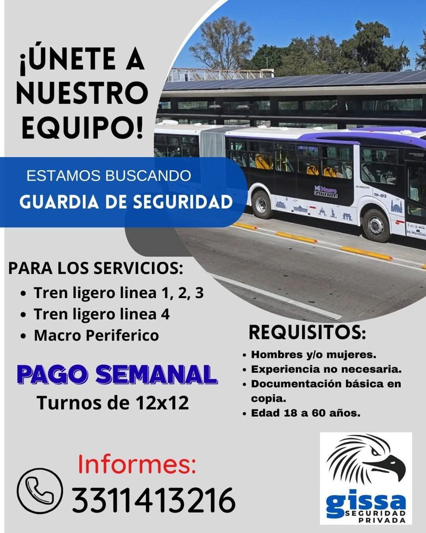 Banner del anuncio de la vacante: ¡ÚNETE A · NUESTRO · EQUIPO! · ESTAMOS BUSCANDO · GUARDIA DE SEGURIDAD · 317E · TP-013 · 1 A. 1. · mt. · PARA LOS SERVICIOS: · • Tren ligero