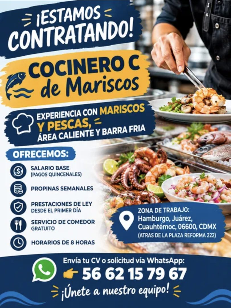 Banner del anuncio de la vacante: = ¡ESTAMOS = · CONTRATANDO! · COCINERO C · ~ de Mariscos · EXPERIENCIA CON MARISCOS · Y PESCAS, = · ÁREA CALIENTE Y BARRA FRIA · OFRECEMOS: 