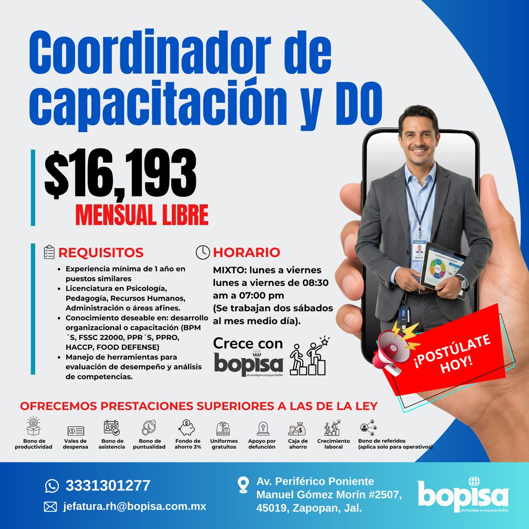 Banner del anuncio de la vacante: Coordinador de · capacitación y DO · $16,193 · MENSUAL LIBRE · REQUISITOS · HORARIO · • Experiencia mínima de 1 año en · MIXTO: lunes a vier