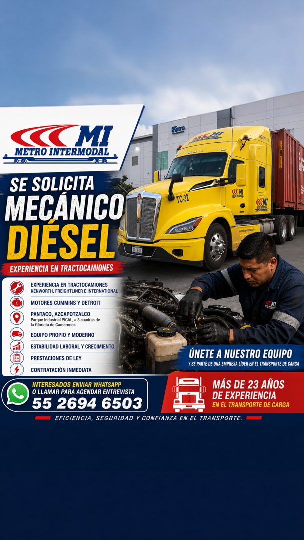 Banner del anuncio de la vacante: C MI · METRO INTERMODAL · 0-02 · Mitro. · PACTPAT · SE SOLICITA · MECÁNICO · DIESEL · EXPERIENCIA EN TRACTOCAMIONES · EXPERIENCIA EN TRACTOC