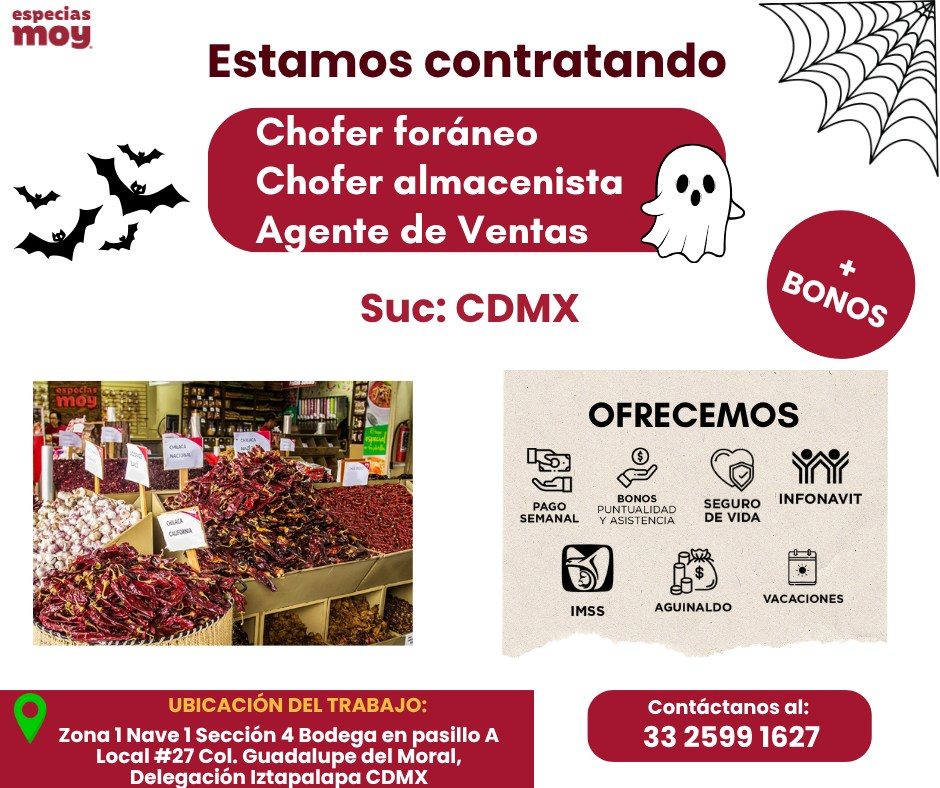 Banner del anuncio de la vacante: especias · moy. · Estamos contratando · Chofer foráneo · Chofer almacenista · Agente de Ventas · Suc: CDMX · BONOS · moy · OFRECEMOS · PAGO 
