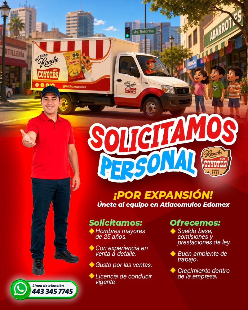 Banner del anuncio de la vacante: Av. Reforma · ABARROT ES · RTILLERÍA · KANAS · *Rancho · COYOTES · PRENDE · ТОДОРОТВО · @rancho.loscoyotes · Rancho. · COYOTES · SOUCITAMOS 