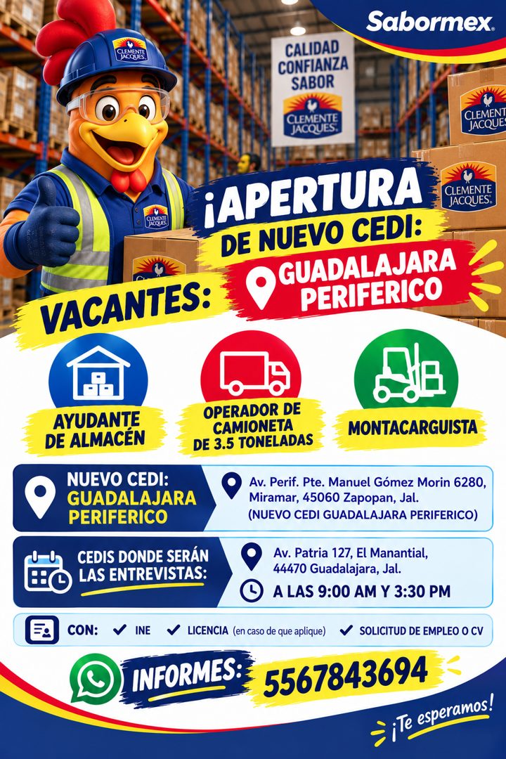 Banner del anuncio de la vacante: Sabormex. · CLEMENTE · JACQUES. · CALIDAD · CONFIANZA · SABOR · CLEMENTE · JACQUES. · CLEMENI · JACQUE · CIMIENTE · JACQUES. · VACANTES: · ¡