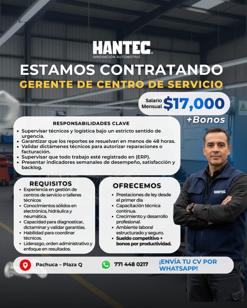 Banner del anuncio de la vacante: HANTEC. · INNOVACIÓN AUTOMOTRIZ · ESTAMOS CONTRATANDO · GERENTE DE CENTRO DE SERVICIO · Mentari: $17,000 · +Bonos · RESPONSABILIDADES CLAVE 