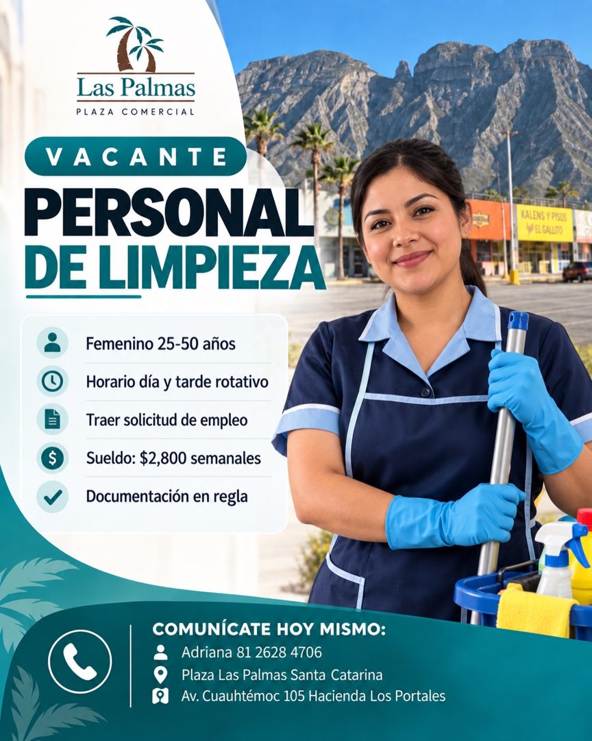 Banner del anuncio de la vacante: Las Palmas · PLAZA COMERCIAL · VACANTE · PERSONAL · DE LIMPIEZA · KALENS Y PISOS · Y EL GALUTO · Femenino 25-50 años · Horario día y tarde r