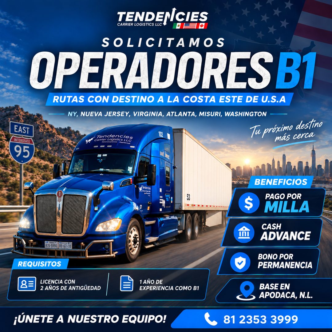 Banner del anuncio de la vacante: EAST · INTERSTATE · 95 · TENDENICIES · CARRIER LOGISTICS LLC · SOLICITAMOS · OPERADORES B1 · RUTAS CON DESTINO A LA COSTA ESTE DE U.S.A · NY