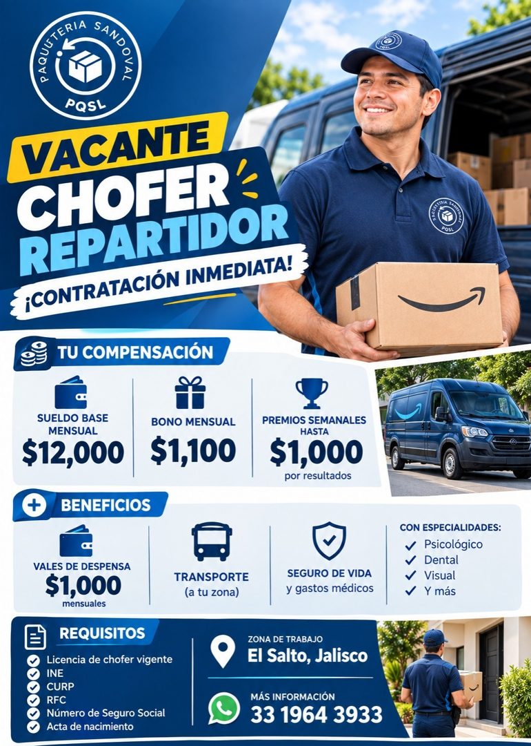 Banner del anuncio de la vacante: QUUTERIA · SANO · OVAL · PQSL · VACANTE · CHOFER · REPARTIDOR · ¡CONTRATACIÓN INMEDIATA! · POst · TU COMPENSACIÓN · SUELDO BASE · MENSUAL · 