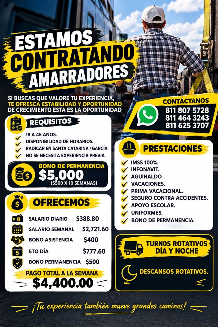 Banner del anuncio de la vacante: ESTAMOS · CONTRATANDO · AMARRADORES · SI BUSCAS QUE VALORE TU EXPERIENCIA, · TE OFRESCA ESTABILIDAD Y OPORTUNIDAD · DE CRECIMIENTO ESTA ES L