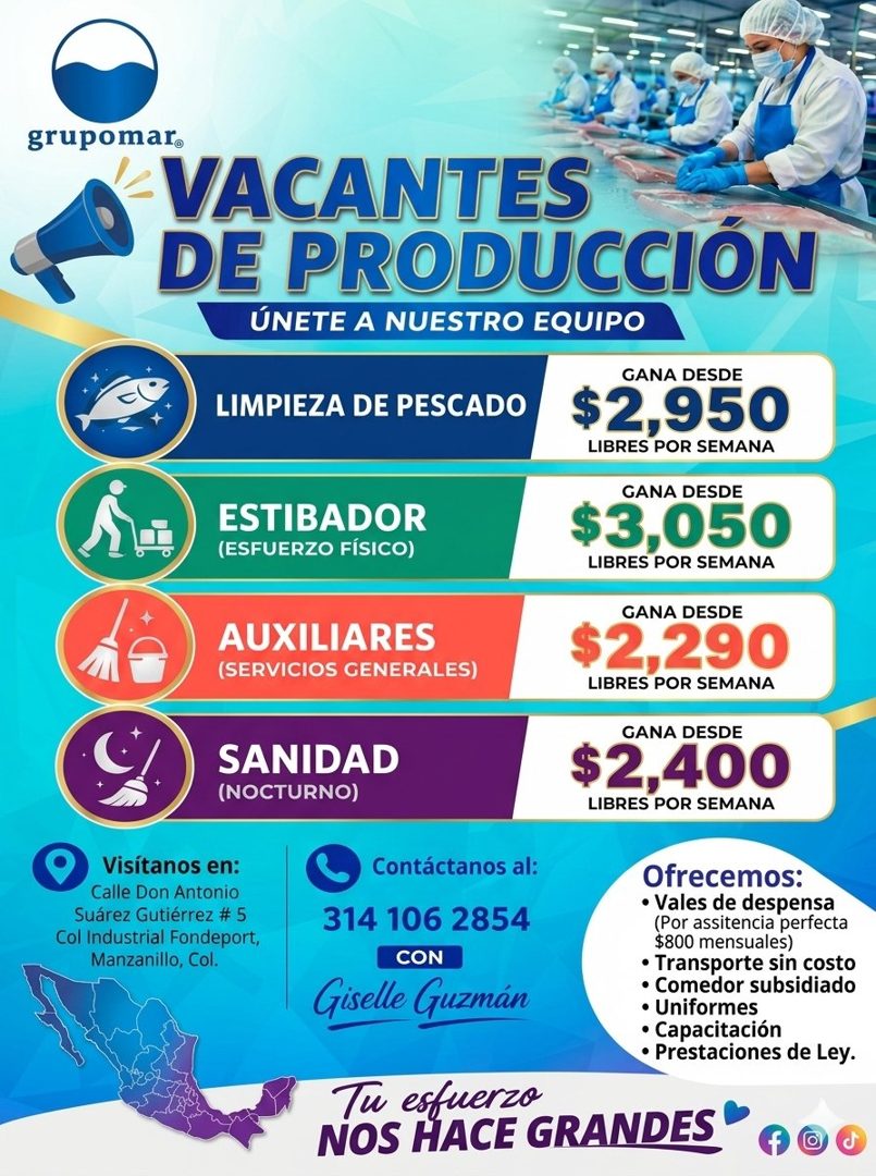 Banner del anuncio de la vacante: grupomar® · VACANTES · DE PRODUCCIÓN · ÚNETE A NUESTRO EQUIPO · LIMPIEZA DE PESCADO · GANA DESDE · $2,950 · LIBRES POR SEMANA · ESTIBADOR · 