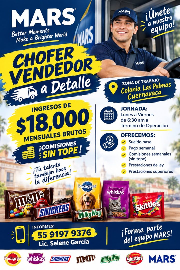 Banner del anuncio de la vacante: MARS · Better Moments · Make a Brighter World · CHOFER · VENDEDOR · a a Detalle · INGRESOS DE · $18,000 · MENSUALES BRUTOS · ¡COMISIONES · ;