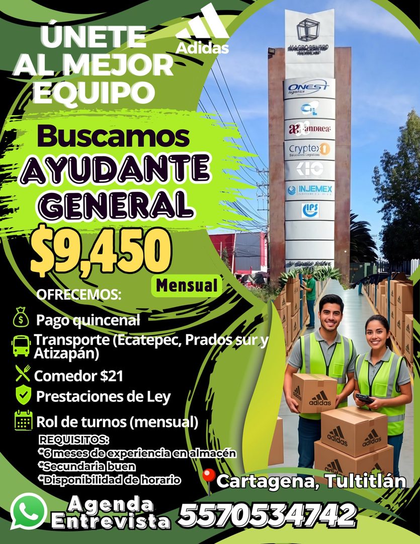 Banner del anuncio de la vacante: UNETE · Adidas · AL,MEJOR · EQUIPO · MACROCENTRO · ONES · gistl · Buscamos · X anDRea: · cryptes · Soluciones Logiulions · AYUDANTE · GENERA