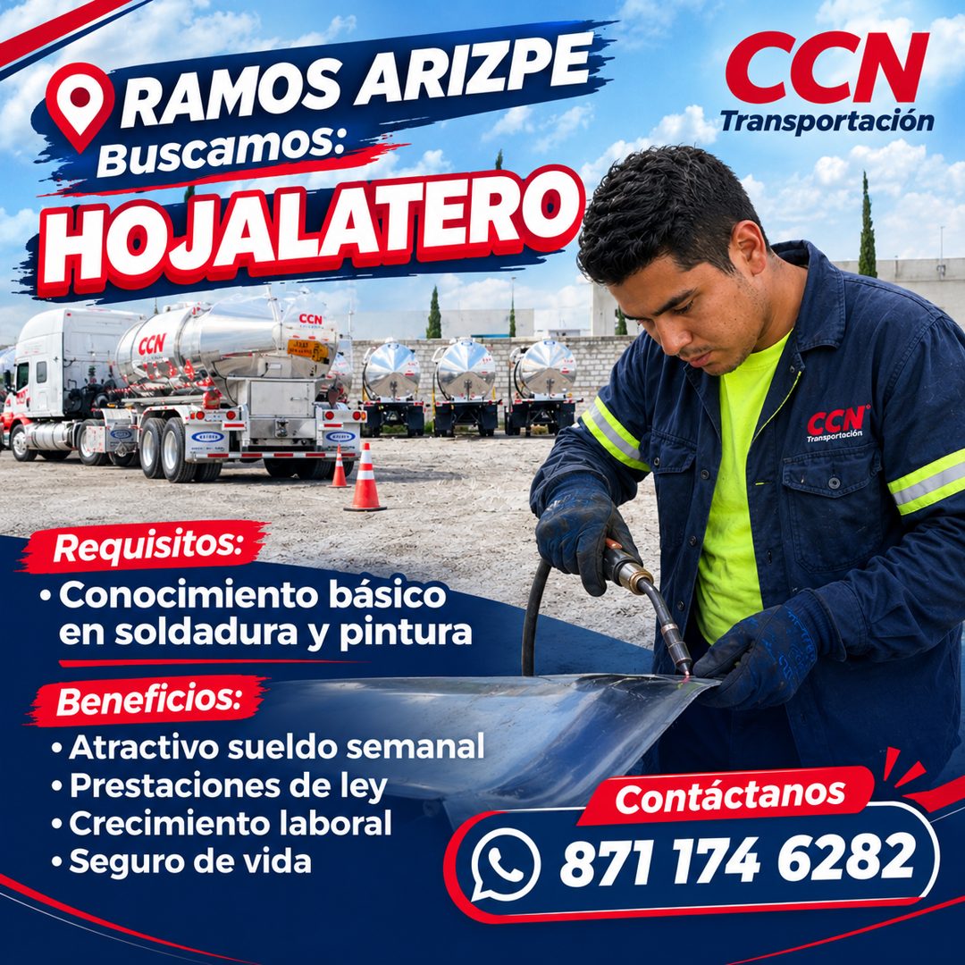 Banner del anuncio de la vacante: • RAMOS ARIZPE · Buscamos: · HOJALATERO · CCN · CCN · CCN · Transportación · Transportación · CCIM · Requisitos: · • Conocimiento básico · e