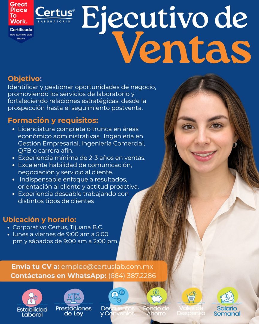 Banner del anuncio de la vacante: Great · Place · To · Work® · Certificada · NOV 2025-NOV 2026 · México · Certus® · LABORATORIO · Ejecutivo de · Ventas · Objetivo: · Identifi