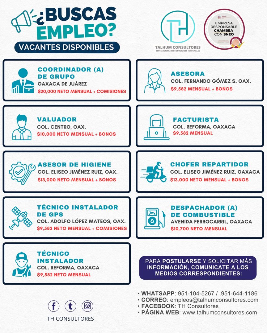 Banner del anuncio de la vacante: V ¿BUSCAS · EMPLEO? · VACANTES DISPONIBLES · EMPRESA · RESPONSABLE · CHAMBEA · CON SNEO · TALHUM CONSULTORES · ESPECIALISTAS EN SOLUCIONES I