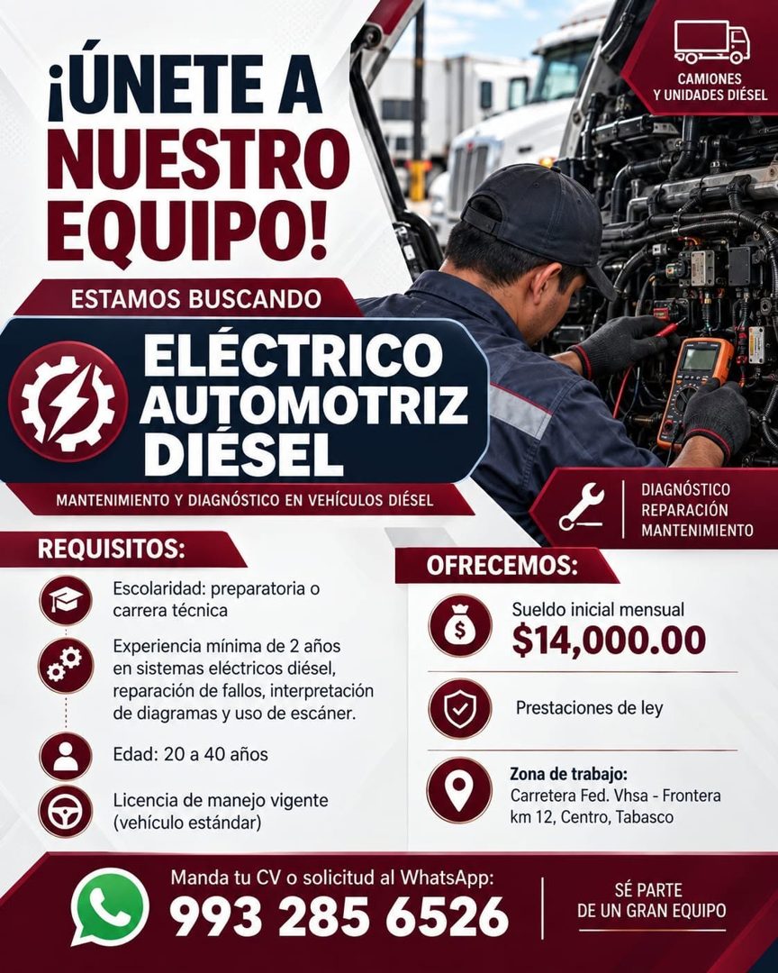 Banner del anuncio de la vacante: ¡ÚNETE A · NUESTRO · EQUIPO! · ESTAMOS BUSCANDO · ELÉCTRICO · AUTOMOTRIZ · DIESEL · MANTENIMIENTO Y DIAGNÓSTICO EN VEHÍCULOS DIÉSEL · REQUIS