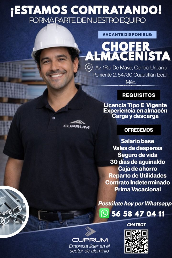 Banner del anuncio de la vacante: ¡ESTAMOS CONTRATANDO! · FORMA PARTE DE NUESTRO EQUIPO · VACANTE DISPONIBLE: · CHOFER · ALMACENISTA · Av. 1Ro. De Mayo, Centro Urbano · Ponie