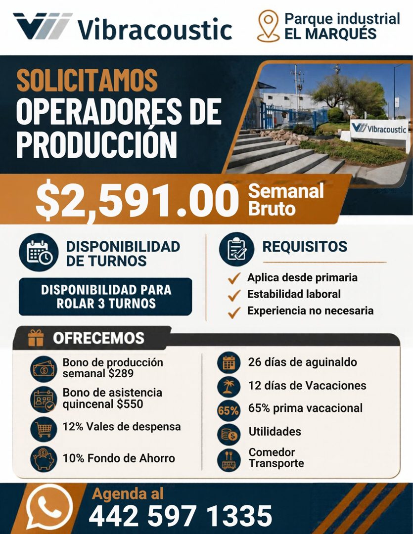 Banner del anuncio de la vacante: VI · Vibracoustic · Parque industrial · EL MARQUES · SOLICITAMOS · OPERADORES DE · PRODUCCION · $2,591.00 · DISPONIBILIDAD · DE TURNOS · DIS