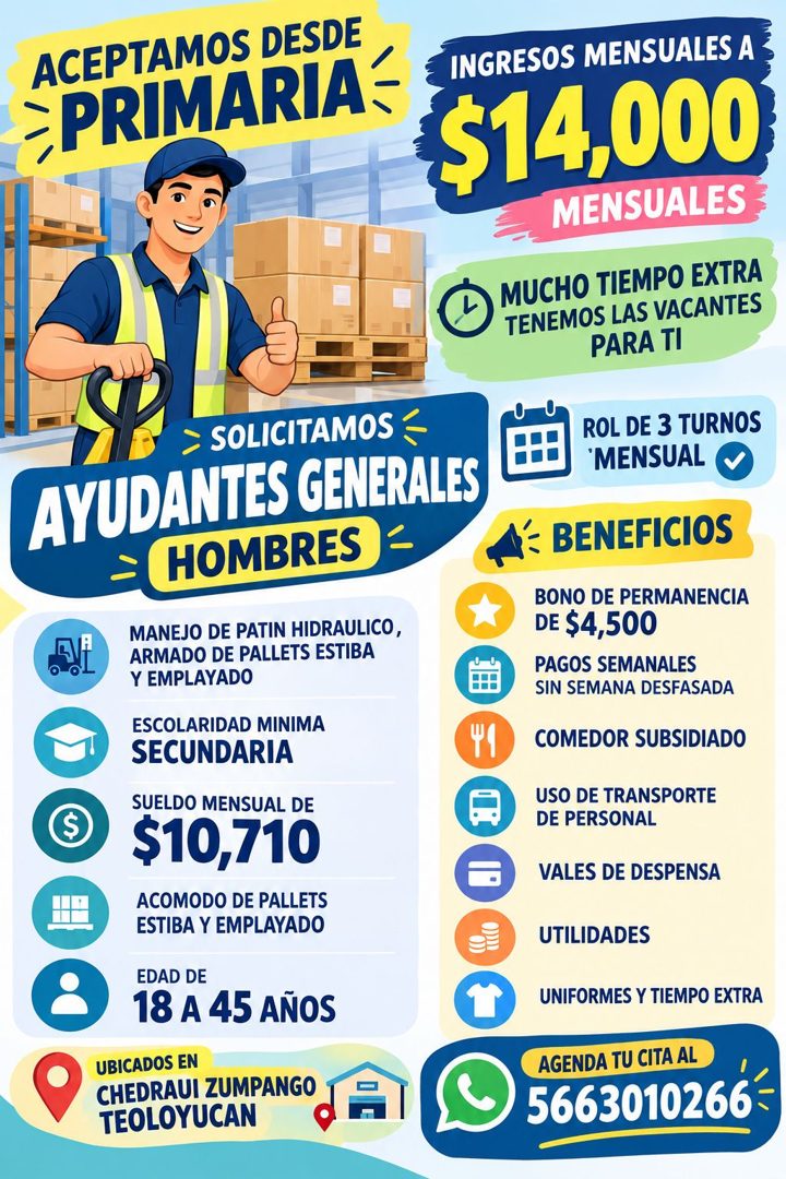 Banner del anuncio de la vacante: ACEPTAMOS DESDE · -PRIMARIA- · INGRESOS MENSUALES A · $14,000 · MENSUALES · MUCHO TIEMPO EXTRA · TENEMOS LAS VACANTES · PARA TI · > SOLICITA