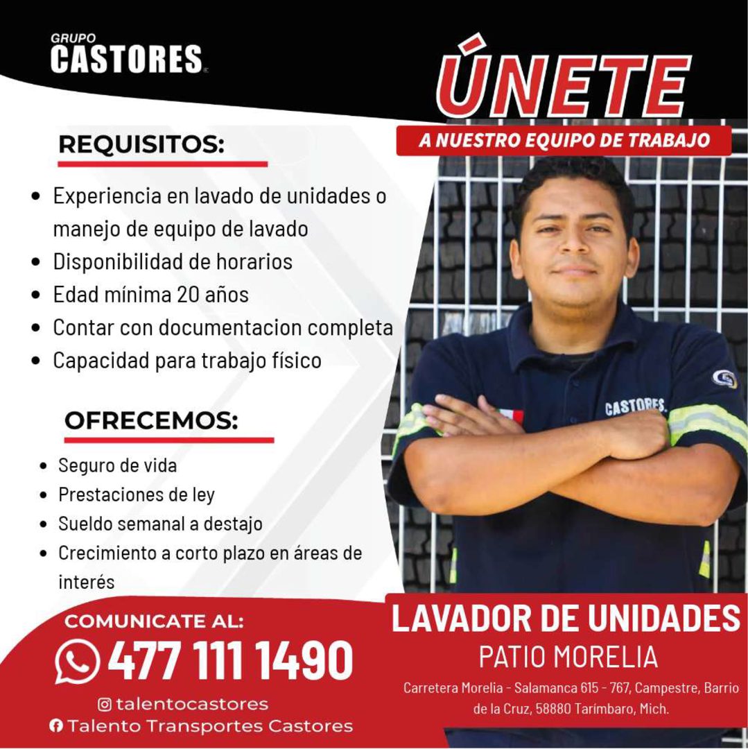Banner del anuncio de la vacante: GRUPO · CASTORES. · ÚNETE · A NUESTRO EQUIPO DE TRABAJO · REQUISITOS: · • Experiencia en lavado de unidades o · manejo de equipo de lavado ·