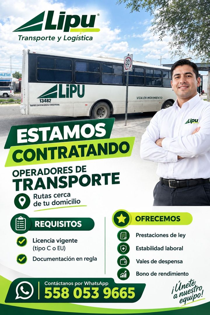 Banner del anuncio de la vacante: _Lipu · Transporte y Logística · ALETAS · LiPU · 13482 · TRAUGPOATE CUA RESTIO BIFLE RO Y SUNICO PEGONAL · VIDA EN MOVIMIENTO · ESTAMOS · CO