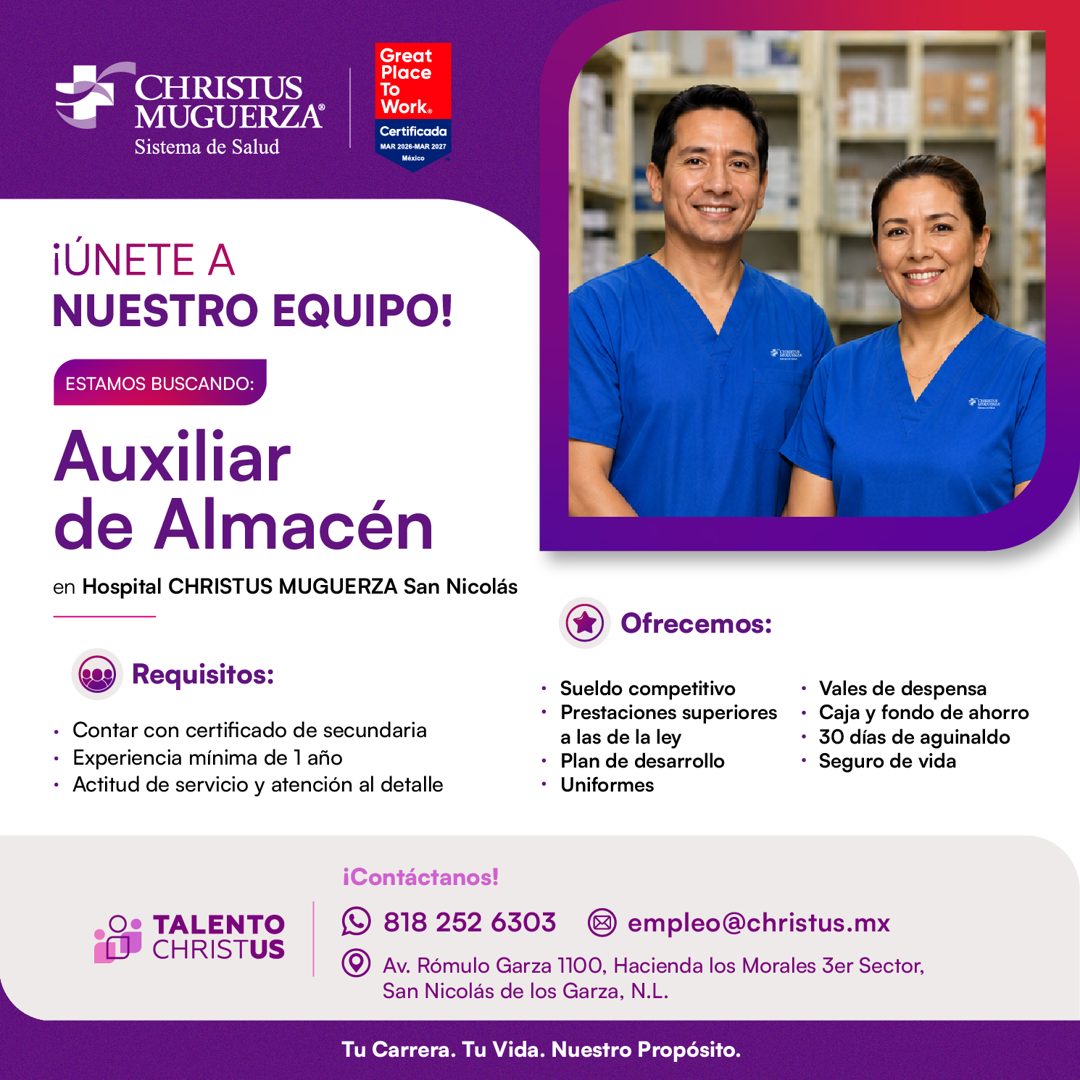 Banner del anuncio de la vacante: CHRISTUS · MUGUERZA® · Sistema de Salud · Great · Place · TO · Work® · Certificada · MAR 2026-MAR 2027 · México · ¡ÚNETE A · NUESTRO EQUIPO!