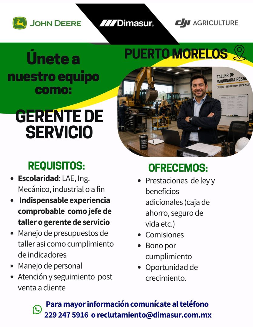 Banner del anuncio de la vacante: JOHN DEERE · ////Dimasur. · EJI AGRICULTURE · Unete a · nuestro equipo · como: · GERENTE DE · SERVICIO · PUERTO MORELOS · TALLER DE · MAQUIN
