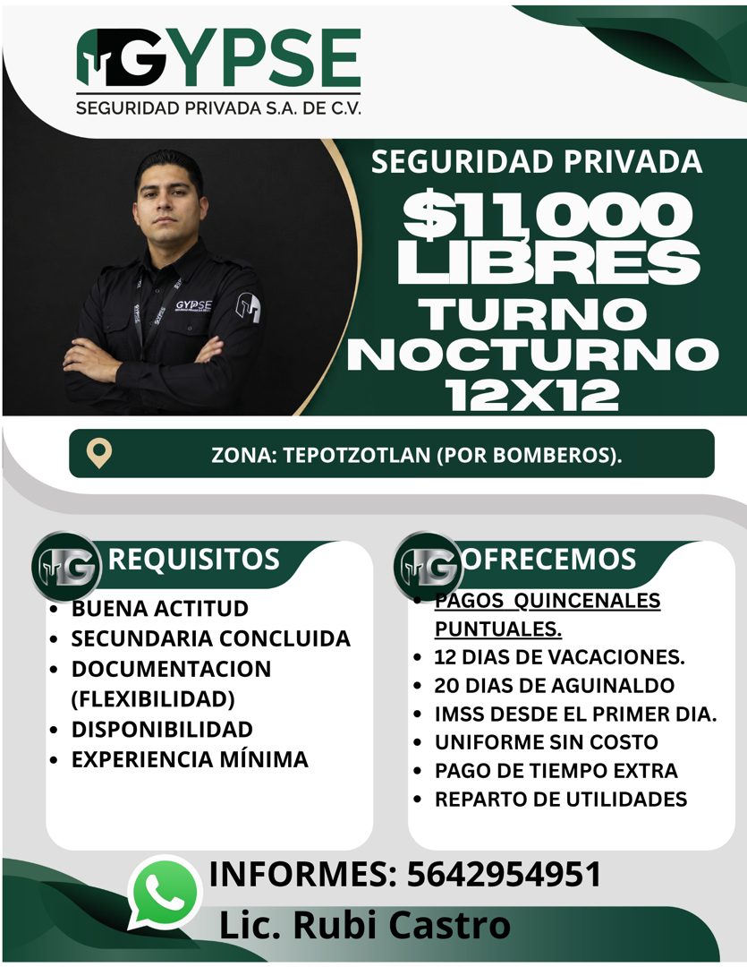 Banner del anuncio de la vacante: NGYPSE · SEGURIDAD PRIVADA S.A. DE C.V. · GYPSE · SEGURIDAD PRIVADA · SIEROS · TURNO · NOCTURNO · 12X12 · ZONA: TEPOTZOTLAN (POR BOMBEROS). 