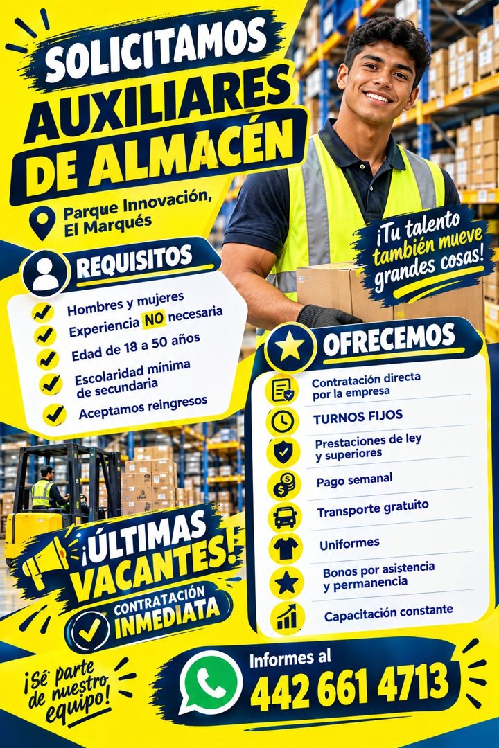 Banner del anuncio de la vacante: SOLICITAMOS · AUXILIARES · DE ALMACÉN · Parque Innovación, · El Marqués · REQUISITOS · Hombres y mujeres · Experiencia NO necesaria · Edad d