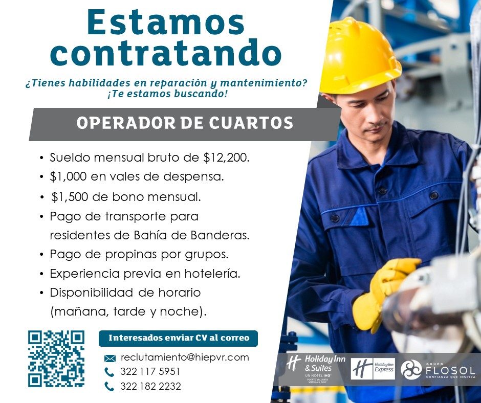 Banner del anuncio de la vacante: Estamos · contratando · ¿Tienes habilidades en reparación y mantenimiento? · ¡Te estamos buscando! · OPERADOR DE CUARTOS · • Sueldo mensual 